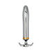 The Fly Me To The Moon Metal Vibrator, a shiny cylindrical toy with a rounded top, gold accent near the base, and curved double handles, is displayed upright on a white background.