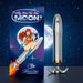 The Fly Me To The Moon Metal Vibrator, a silver metallic waterproof toy, is pictured next to its colorful box with retro artwork of a woman riding a rocket and the words "Fly Me To The MOON" and "Adventure Collection.