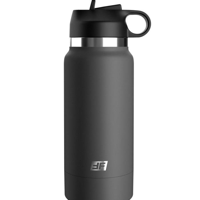 A sleek, dark gray stainless steel Fuck Flask Pussy Stroker Disguised as a Water Bottle - Vanilla by Pipedream Products with a black screw-on lid featuring a loop handle and a spout. The bottle has a polished silver band near the top and a small logo near the bottom, designed for both hot and cold beverages. Bonus: it doubles as a discreet stroker for ultimate versatility.