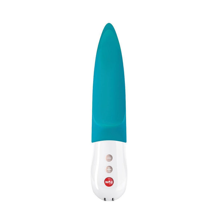 The Fun Factory Volta Rechargeable External Vibrator in Petrol Blue is a sleek, elongated personal massager designed for external stimulation. Featuring two control buttons on the white handle, which also boasts the distinctive red Fun Factory logo, this waterproof device merges modern style with ergonomic appeal.