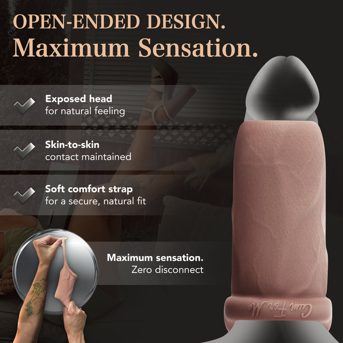The Girth Enhancing Silicone Penis Sleeve - 25% Increase features an open-tip design for exposed head sensation, skin-to-skin contact, and a soft silicone comfort strap for secure fit. Maximum sensation. Zero disconnect.