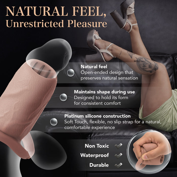 A promo image for the Girth Enhancing Silicone Penis Sleeve - 25% Increase shows a close-up of the soft, non-toxic platinum silicone sleeve and a person on a leather couch. Text notes: natural feel, added girth, waterproof, and durable.