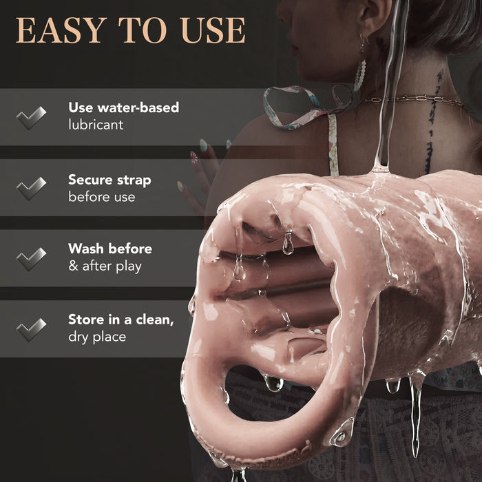 A person in lingerie holds the Girth Enhancing Silicone Penis Sleeve - 25% Increase, slick with clear lube. Text: "EASY TO USE" Tips: Apply water-based lube, secure strap, wash before/after use, store dry. Enjoy effortless added girth.