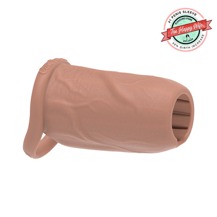 The Girthy Pleasure Sleeves - Open-Ended Silicone Penis Sleeve (Size L) is a flesh-toned platinum silicone sleeve with girth enhancement, base ring, textured details, and a badge reading "The Happy Wife" and "50% Girth Increase.