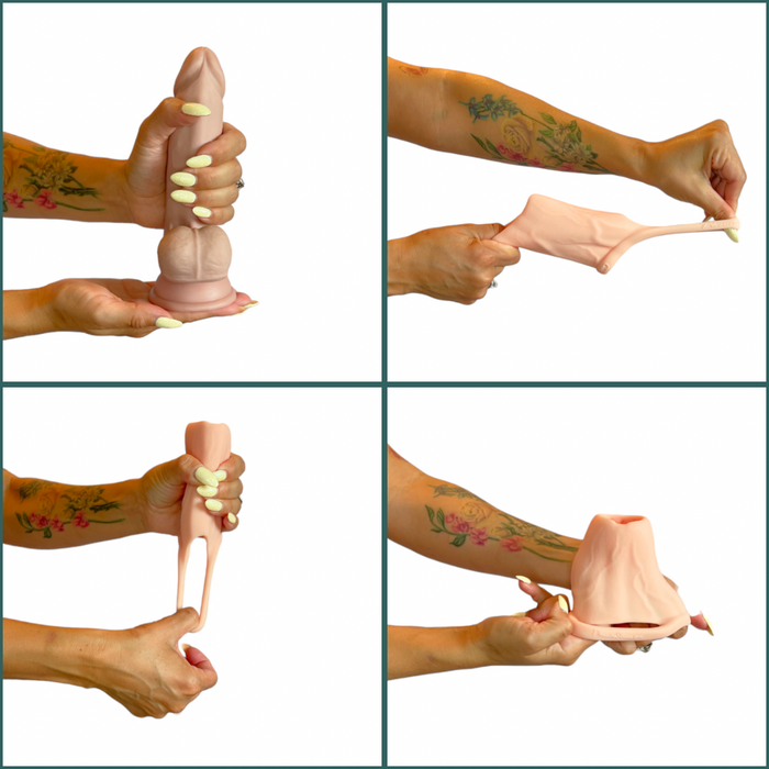 Four images feature hands stretching the Girthy Pleasure Sleeves - Open-Ended Silicone Penis Sleeve (Size L), a realistic, flesh-colored platinum silicone sleeve with detailed veins and texture for girth enhancement, shown on a white background.