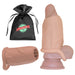 The Girthy Pleasure Sleeves - Open-Ended Silicone Penis Sleeve (Size L) is displayed from various angles next to a black drawstring storage bag with a colorful "The Happy Wife" logo.