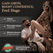 A smiling man holds a woman's leg as she poses confidently beside him. Text: "Gain Girth, Boost Confidence, Feel Huge" with bullet points—fullness, deeper connection, pleasure—thanks to Girthy Pleasure Sleeves (Open-Ended Silicone Penis Sleeve, Size M).