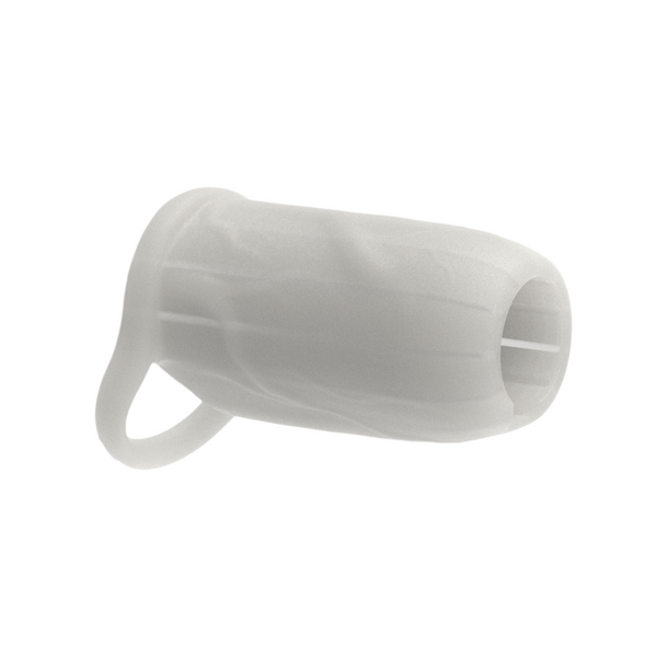 The Girthy Pleasure Sleeves - Open-Ended Silicone Penis Sleeve (Size M) is a white, cylindrical sleeve with a flared base and side ring, designed for intimate pleasure.