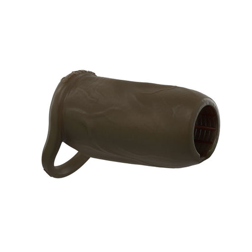 The Girthy Pleasure Sleeves - Open-Ended Silicone Penis Sleeve (Size M) is a brown, cylindrical platinum silicone sleeve with a ring and open, grid-like end, photographed on a white background.