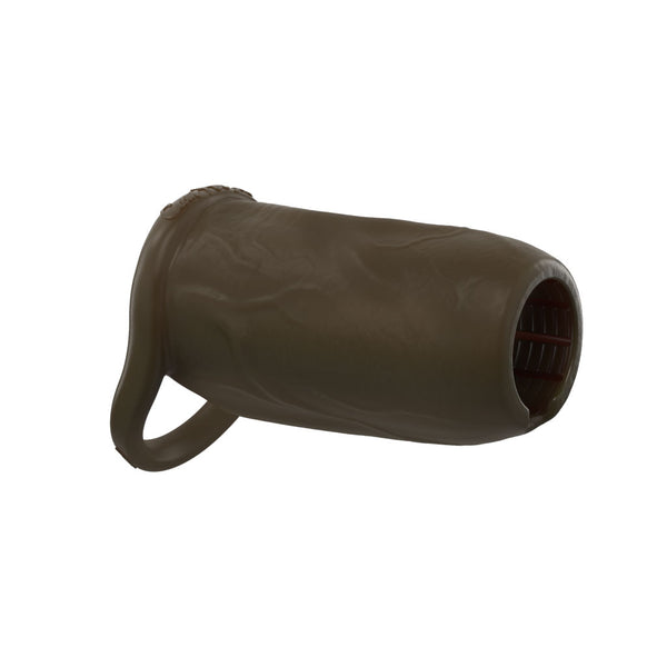 The Girthy Pleasure Sleeves - Open-Ended Silicone Penis Sleeve (Size M) is a brown, cylindrical platinum silicone sleeve with a ring and open, grid-like end, photographed on a white background.
