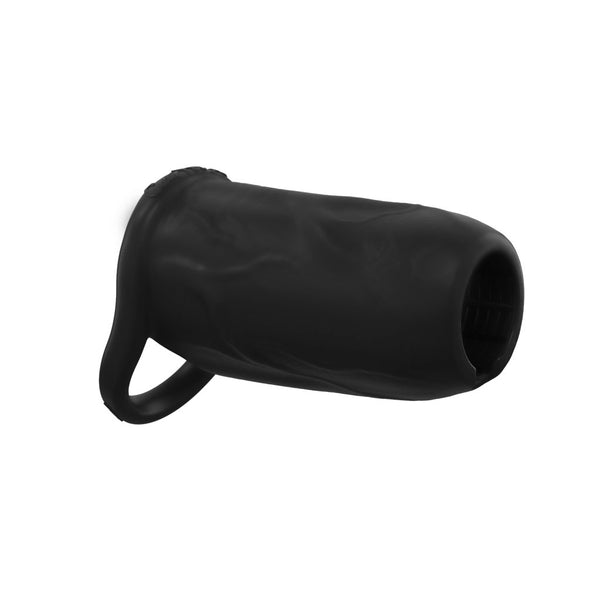 The Girthy Pleasure Sleeves - Open-Ended Silicone Penis Sleeve (Size M) is a black platinum silicone girth enhancer with an attached ring, showcased against a white background.