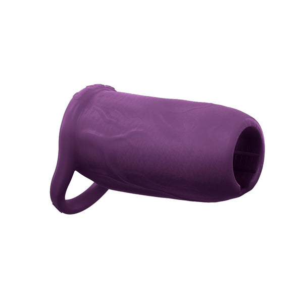 The Girthy Pleasure Sleeves - Open-Ended Silicone Penis Sleeve (Size M) is a purple platinum silicone sleeve with a textured surface, an open end, and a looped handle at the base, shown on a white background.
