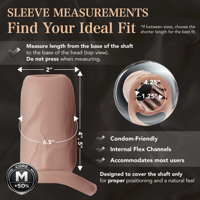 A diagram displays the Girthy Pleasure Sleeves - Open-Ended Silicone Penis Sleeve (Size M) with measurement instructions, noting a 6.5" length, 1.25" internal width, condom-friendly platinum silicone, flex channels, and a natural fit for most.