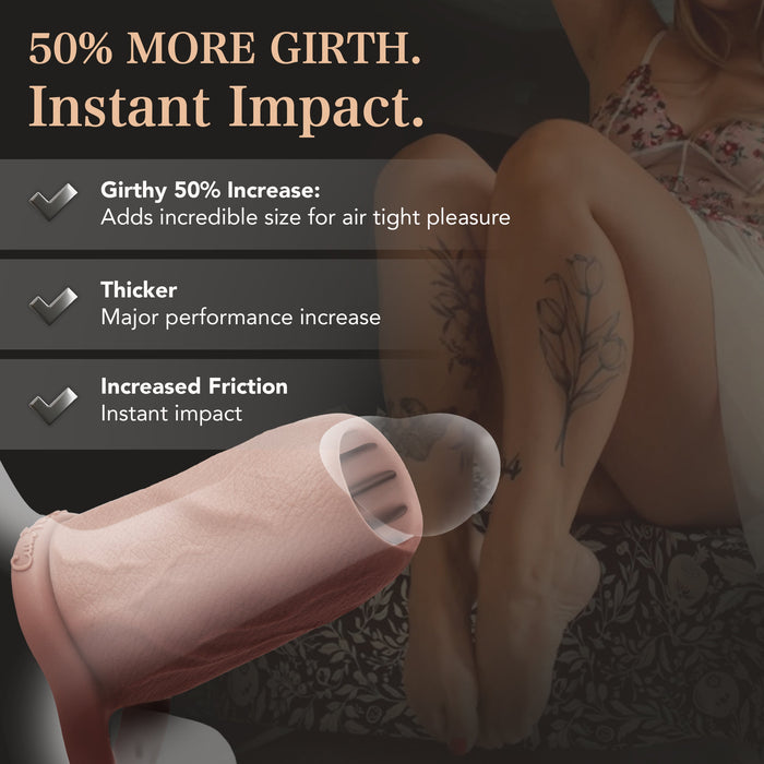The Girthy Pleasure Sleeves - Open-Ended Silicone Penis Sleeve (Size S) offers 50% more girth, boosting thickness and friction with platinum silicone. A tattooed woman sits cross-legged in the background.