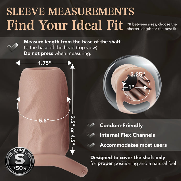 The Girthy Pleasure Sleeves - Open-Ended Silicone Penis Sleeve (Size S) is flesh-toned, platinum silicone, 1.75" wide and 3.5" or 4.5" long. It has a flexible interior, fits most users, is condom-friendly, and covers only the shaft.