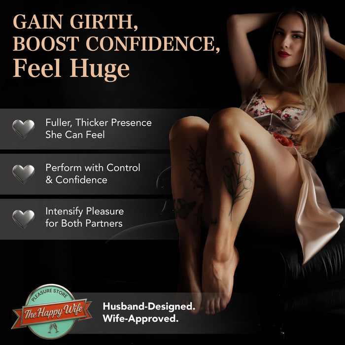 A woman in lingerie sits on a bed, looking at the camera. Text reads: "Girthy Pleasure Sleeves – Open-Ended Silicone Penis Sleeve (Size S): Gain Girth, Boost Confidence, Feel Huge." Logo: "The Happy Wife – Husband-Designed. Wife-Approved.
