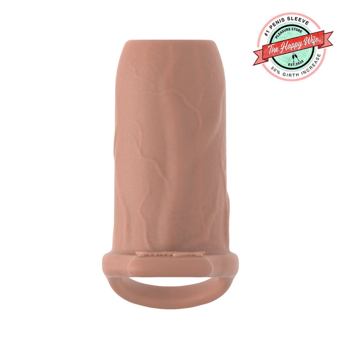 The Girthy Pleasure Sleeves - Open-Ended Silicone Penis Sleeve with Grind Pad (Size L) is a lifelike platinum silicone sleeve shaped for realism, featuring veins, a base support ring, and a grind pad for clitoral stimulation. "Penis Sleeve, 50% Girth Increase.