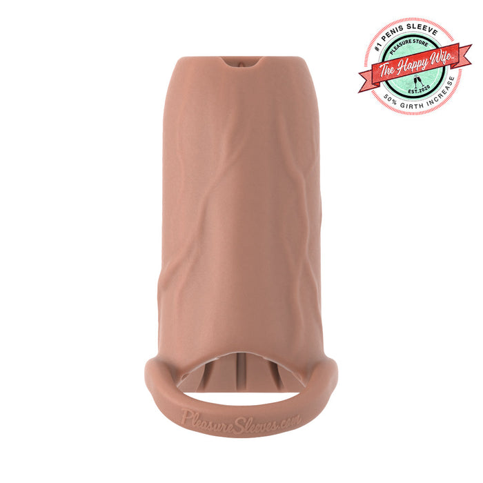A flesh-toned, platinum silicone Girthy Pleasure Sleeves - Open-Ended Penis Sleeve (Size L) with realistic texture, grind pad, and open base ring is shown on a white background. A logo in the top right reads "50% Girth Increase.