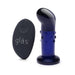 The Glas Rechargeable Remote-Controlled G-Spot & Prostate Vibrator, in dark blue glass with textured bumps and a curved tip, stands upright next to its black wireless "gläs" remote, offering beginner-friendly and easy-to-use pleasure.