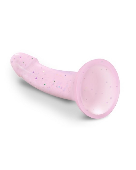 Starlight Pink Glitter 7 inch Silicone Dildo showing suction cup base 