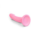 The Glitzy Smooth 7 inch Pink Sparkle Silicone Dildo with Suction Cup features a curved shaft and wide base, made of liquid silicone, and is displayed against a white background.