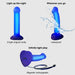 The Glow Light Up Blue LED 7 Inch Silicone Dildo is shown glowing, splashed with water to highlight its waterproof feature, and charging with a magnetic cable. Text notes its LED glow modes and strap-on harness compatibility.