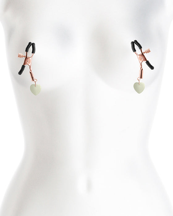  Glow in the Dark Heart Nipple Clamps on mannequin 