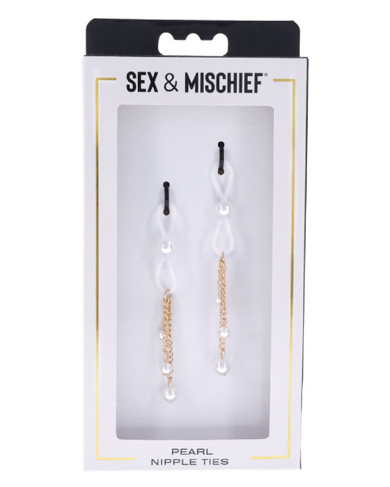 Sex and Mischief Gold & Pearl Nipple Ties in a box