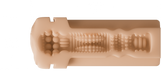 Cross-sectional view of the Lovense Solace Pro AI Powered Thrusting Masturbator with Remote Control: flesh-colored, cylindrical, hands-free design with intricate textured interior; measures 7.08" long and 2.83" wide.