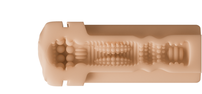 Cross-sectional view of the Lovense Solace Pro AI Powered Thrusting Masturbator with Remote Control: flesh-colored, cylindrical, hands-free design with intricate textured interior; measures 7.08" long and 2.83" wide.