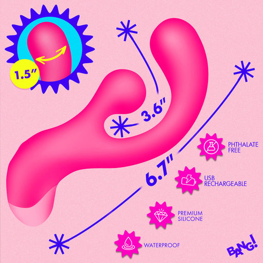 Pink silicone rabbit vibrator with rotating clitoral stimulator, featuring 6.7-inch dimensions and waterproof design.