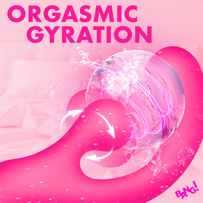 A vibrant pink graphic displays “Orgasmic Gyration” above the Gyro Rabbit Flexible Silicone Vibrator, showcasing its shiny pink body and rotating clitoral stimulator with swirling arrows for dual stimulation. The “BANG!” logo appears in the corner.