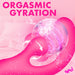 A vibrant pink graphic displays “Orgasmic Gyration” above the Gyro Rabbit Flexible Silicone Vibrator, showcasing its shiny pink body and rotating clitoral stimulator with swirling arrows for dual stimulation. The “BANG!” logo appears in the corner.