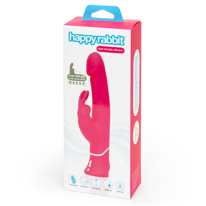 The Happy Rabbit Dual Density Rechargeable Silicone Rabbit Vibrator is shown in its packaging with product illustrations, a blue top handle, and text highlighting its lifelike silicone feel, waterproof design, and popularity.