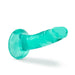 The Hard n' Happy Slim 5 inch Teal Mini Dildo with Suction Cup is a translucent small dildo, ideal for g-spot exploration, featuring a flared suction cup base and shown on a plain white background.