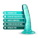 The Hard n' Happy Slim 5 inch Teal Mini Dildo with Suction Cup is shown, highlighting its fragrance-free, ultra-soft realistic feel, harness compatibility, g-spot-friendly design, strong suction cup base, and phthalate-free material.