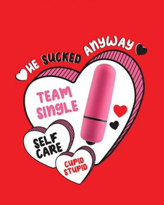 Sucked Anyway Galentine Greeting Card with Mini Bullet Vibrator red with a heart and candy hearts on it 