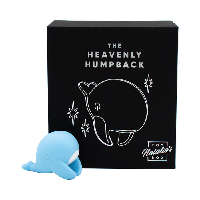 A small blue whale figurine sits before a black box labeled "Heavenly Humpback Waterproof Finger Bullet Vibrator," showing a discrete whale and stars design, with "Toy Natalie's Box" in the corner.