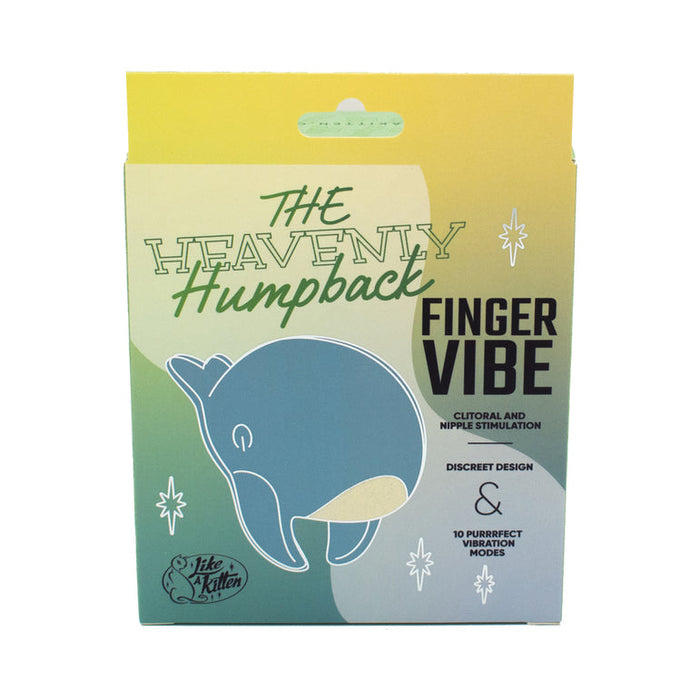 The box for the "Heavenly Humpback Waterproof Finger Bullet Vibrator" shows an illustrated blue humpback whale and text about its powerful vibrations, discreet design, 10 vibration modes, and use for clitoral and nipple stimulation.