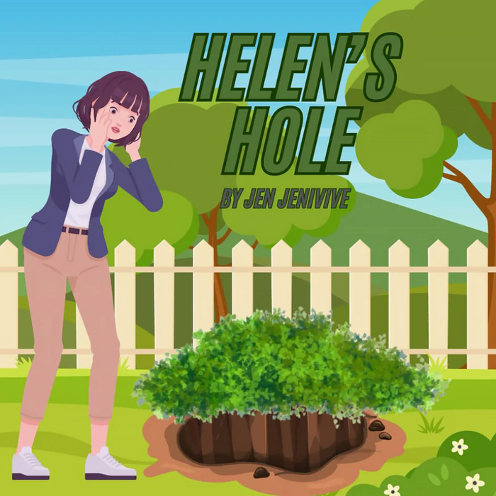 Cheeky illustration of a surprised woman near a large hole, bushes, and a white fence under blue skies. "Helen's Hole Adult Humor Book by Jen Jenivive"—the perfect novelty gift for fans of humorous adult books.