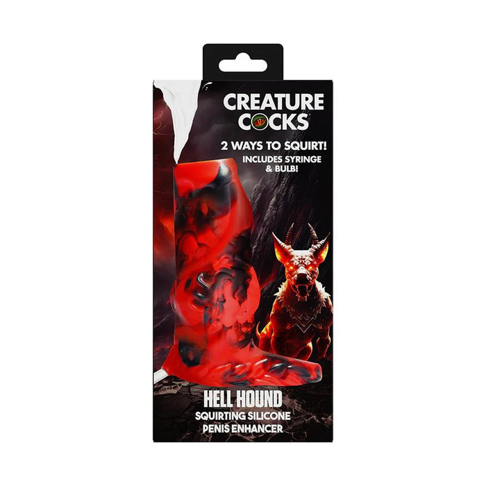 Box packaging for the "Hell Hound Canine Squirting Penis Enhancer" by Creature Cocks, a fantasy sex toy with a red and black monster sleeve and background art featuring a demonic creature.