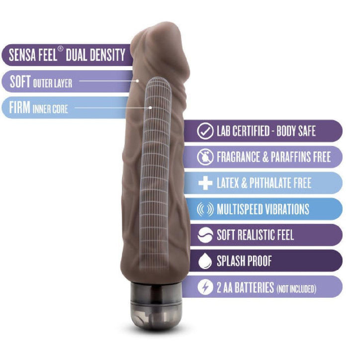 The Home Wrecker 9.5 Inch Vibrating Dildo - Chocolate is a large, realistic brown vibrator with a soft outer layer and firm core. Body-safe, latex and phthalate free, fragrance/paraffin free, splash proof, multispeed, uses 2 AA batteries.