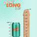 A can labeled "Betty Soda" (4.83 inches tall) is shown next to a 9-inch Home Wrecker 9.5 Inch Vibrating Dildo - Chocolate, both beneath the text "How long is it?" on a light teal background.