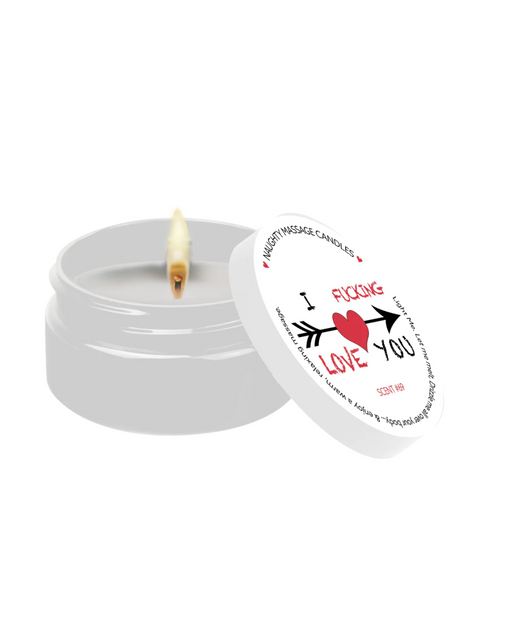 Valentine Massage Oil Candle - I Fucking Love You tin next to lid  