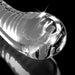 A close-up of the Icicles Smooth Curved 7 Inch Glass G-Spot and P-Spot Dildo with Suction Cup, crafted from smooth borosilicate glass, with light reflections on its curves against a black background.
