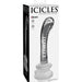 The white box with black text displays a clear image of the Icicles Smooth Curved 7 Inch Glass G-Spot and P-Spot Dildo with Suction Cup, highlighting its elegant design as a stylish hand-blown borosilicate glass massager.