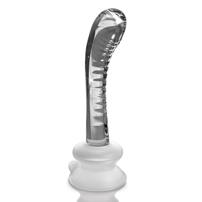 The Icicles Smooth Curved 7 Inch Glass G-Spot and P-Spot Dildo features clear, curved borosilicate glass with a smooth, reflective finish and ergonomic design, plus a frosted suction cup base for both visual appeal and comfort.