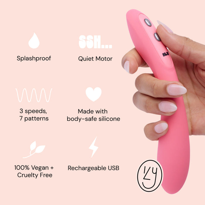A hand holds the Ily Flexible Warming G-Spot Vibrator, featuring splashproof design, a quiet motor, 3 speeds/7 patterns, body-safe silicone, vegan/cruelty-free materials, USB rechargeability, and illustrated icons.