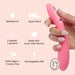 A hand holds the Ily Flexible Warming G-Spot Vibrator, featuring splashproof design, a quiet motor, 3 speeds/7 patterns, body-safe silicone, vegan/cruelty-free materials, USB rechargeability, and illustrated icons.