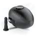 An Inflatable Love Ball Ride on Sex Cushion with Dildo Mount, featuring a black oval shape, handle, and attachment point, is shown next to an upright realistic suction-cup dildo with a sturdy base.